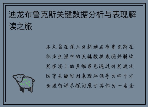 迪龙布鲁克斯关键数据分析与表现解读之旅